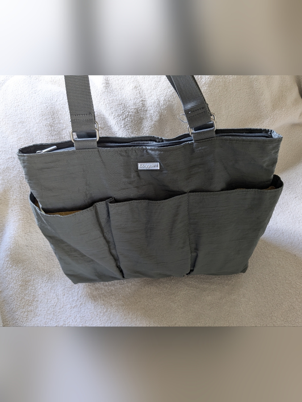 Baggallini Tote Shoulder Diaper Bag Purse Gray Nylon Weekender Travel Zip EUC